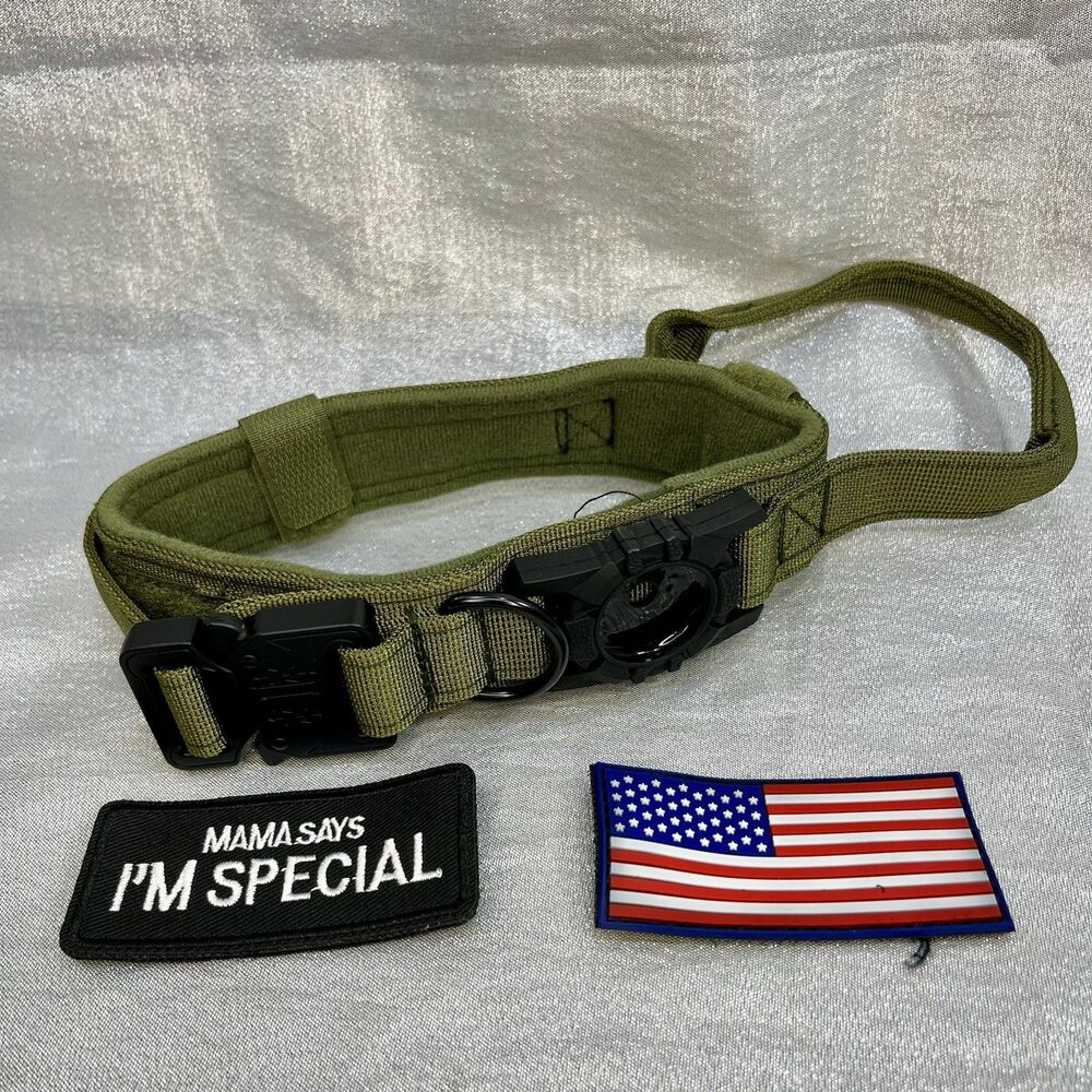 NEW Tactical Green Air Tag Safe Dog Collar W/ Hook & Loop Add Ons Size LARGE